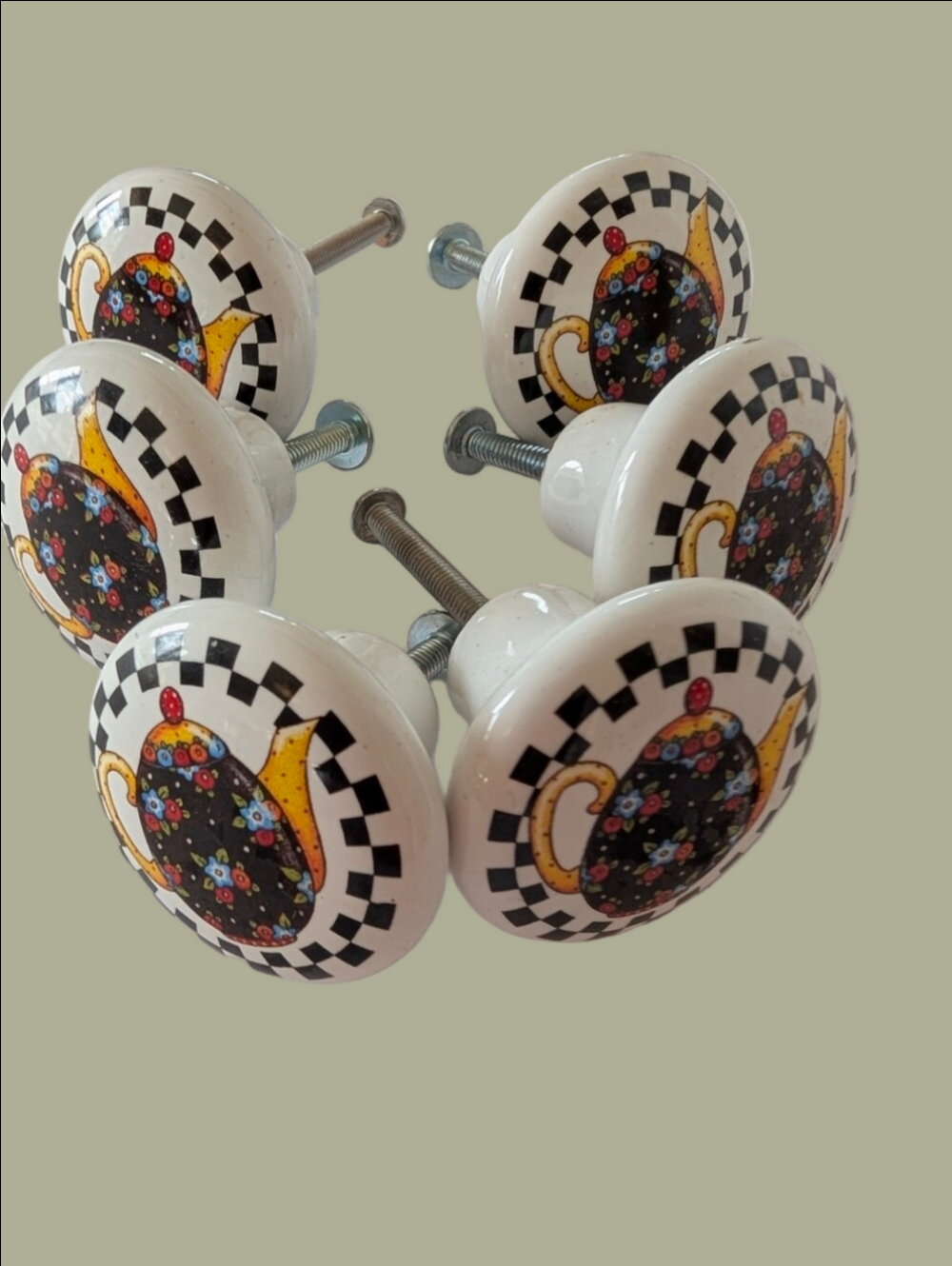 Vintage Mary Engelbreit Ceramic Teapot Knob Cabinet Pulls Set of 6
